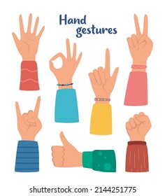 Hand gesture set. human hands showing thumbs up, pointing and greeting, OK. Various hand symbols. Interactive communication set. Vector illustration