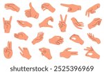 Hand gesture set isolated on white. Simple flat style. Hand sign ok, heart, press touch, hold, peace. Vector illustration.