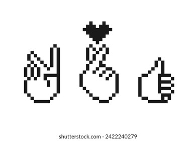 Hand gesture set. Pixel style human hand like sign. Hand with index finger and thumb crossed. V, victory, love, friendship, peace sign. Retro game 8 bit style. Mosaic vector illustration isolated.