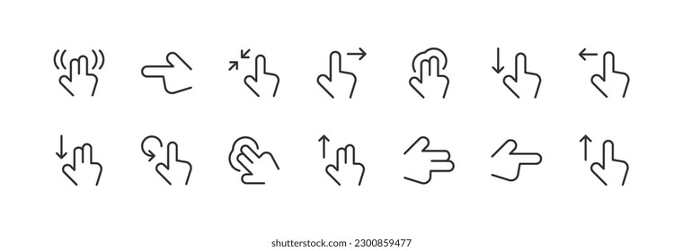 conjunto de gestos de mano de iconos de línea simple. Colección de iconos web para el diseño de UIUX. Razo vectorial editable 24x24 Pixel Perfecto
