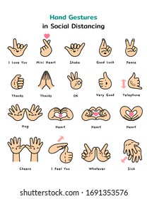 Gesto manual en distanciamiento social.
La forma de comunicarse sin tocar.
Mantente a salvo, mantente alejado.