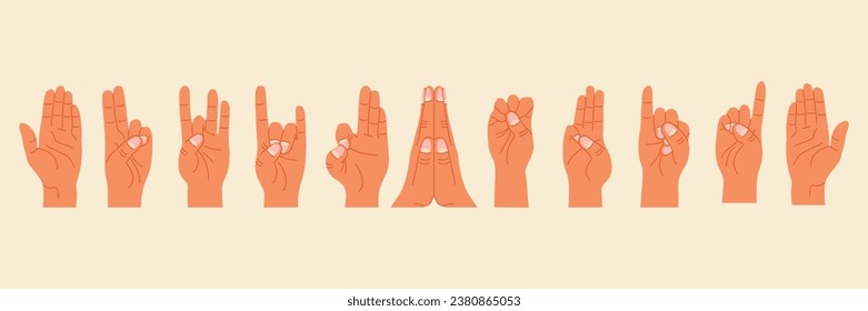 Hand gesture set of yoga mudra. Hand drawn concept meditation, mental health, self care. Flat vector illustration for sticker, icon, print.