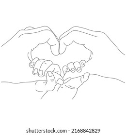 Hand gesture in the shape of a heart held by children. Concept of family, love and happiness. Design suitable for logo, tattoo, symbol, advertisement, banner, slogan. Isolated vector illustration