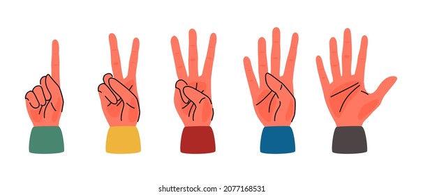 Hand gesture show number one, two, three, four, five by right hand. Number sign. Flat style vector illustration.