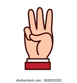 Gesto de mano que muestra 3 números sobre fondo blanco, estilo de línea y relleno, ilustración vectorial