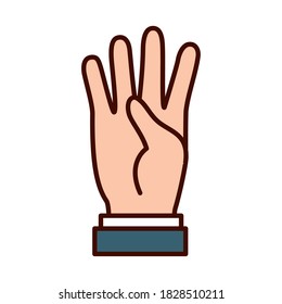 Gesto de mano que muestra 4 números sobre fondo blanco, estilo de línea y relleno, ilustración vectorial