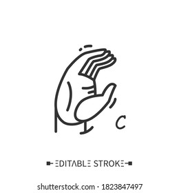 Hand gesture showing C letter line icon. Fingerspelling American language. Sign alphabet for deaf-mutes. Communication for disabled people. Mudra. Isolated vector illustration. Editable stroke 