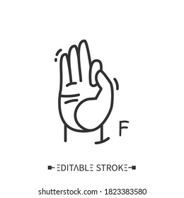 Hand gesture showing F letter line icon. Fingerspelling American language. Sign alphabet for deaf-mutes. Communication for disabled people. OK sign. Mudra. Isolated vector illustration.Editable stroke