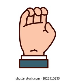Gesto de mano que muestra la letra E en lenguaje de señas sobre fondo blanco, estilo de línea y relleno, ilustración vectorial