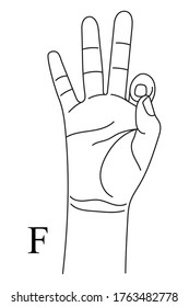 Hand gesture showing letter F on American Sign Language. Alphabetical symbol on deaf-mute language for communication. Vector illustration in outline style isolated on white background. 