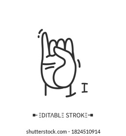 Hand gesture showing I letter line icon. Fingerspelling American language. Sign alphabet for deaf-mutes. Communication for disabled people. Mudra. Isolated vector illustration. Editable stroke