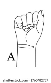 Hand gesture showing letter A on American Sign Language. Alphabetical symbol on deaf-mute language for communication. Vector illustration in outline style isolated on white background. 