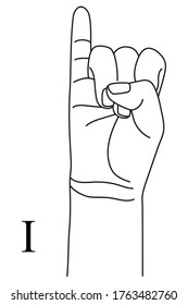 Hand gesture showing letter I on American Sign Language. Alphabetical symbol on deaf-mute language for communication. Vector illustration in outline style isolated on white background. 