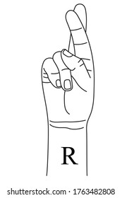 Hand gesture showing letter R on American Sign Language. Alphabetical symbol on deaf-mute language for communication. Vector illustration in outline style isolated on white background. 