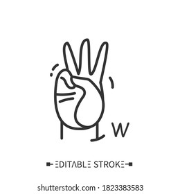 Hand gesture showing letter W line icon.Fingerspelling American sign language alphabet for deaf-mutes.Alphabet for disabled people. Number three sign.Mudra.Isolated vector illustration.Editable stroke