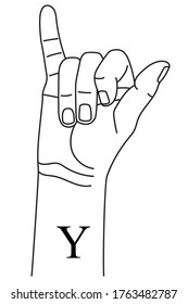 Hand gesture showing letter Y on American Sign Language. Alphabetical symbol on deaf-mute language for communication. Vector illustration in outline style isolated on white background. 