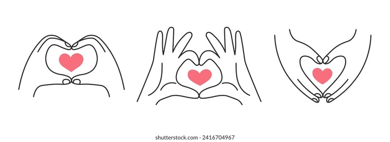 Hand gesture showing love set. Collection of hand drawn finger signs and red heart shapes. Support, donation, charity, hope symbols. Vector illustration. Black line art icons.