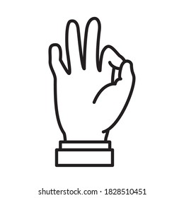 Gesto de mano que muestra la expresión Aceptar en lenguaje de señas sobre fondo blanco, estilo de línea, ilustración vectorial