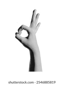 Hand gesture showing OK sign with fingers forming a circle, thumb up, isolated in retro halftone dot style. Nostalgic 1990s inspired design symbolizing approval and positivity.