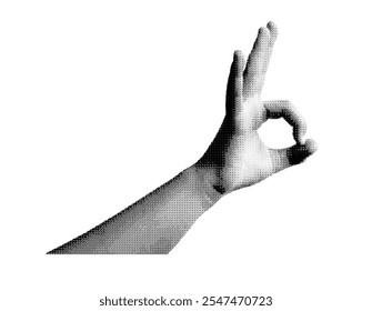 Hand gesture showing OK sign with fingers, isolated in retro halftone dot style. Positive and nostalgic symbol, perfect for 1990s inspired designs. Vintage grunge texture in