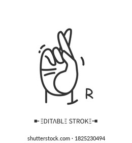 Hand gesture showing R letter line icon. Fingerspelling american sign language alphabet for deaf-mutes.Communication for disabled people. Good luck sign.Isolated vector illustration. Editable stroke