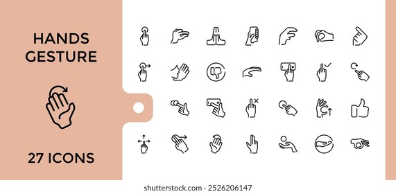 hand gesture showing thin line icons set, Collection of Gesture elements sign template for web and ui design, Editable stroke, Pixel perfect outline icon pack.