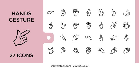 hand gesture showing thin line icons set, Collection of Gesture elements sign template for web and ui design, Editable stroke, Pixel perfect outline icon pack.