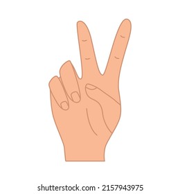 Eine Handgeste mit zwei Fingern, Liebe und Frieden, ein Zeichen des Sieges. Vektorgrafik auf weißem Hintergrund