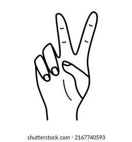Un gesto de mano que muestra dos dedos, amor y paz, un signo de victoria. Ilustración vectorial en fondo blanco