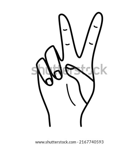 A hand gesture showing two fingers, love and peace, a sign of victory. Vector illustration on a white background