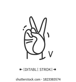  Hand gesture showing V letter line icon. Fingerspelling American sign language alphabet for deaf-mutes. Peace, victory sign. Emoji. Mudra. Isolated vector illustration. Editable stroke