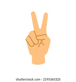 Hand gesture showing V sign, peace or victory meaning. Isolated palm with two fingers up, signal of freedom and positivity. Flat cartoon, vector in flat style