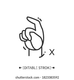 Hand gesture showing X letter line icon. Fingerspelling American language. Sign alphabet for deaf-mutes. Communication for disabled people. Mudra. Isolated vector illustration. Editable stroke