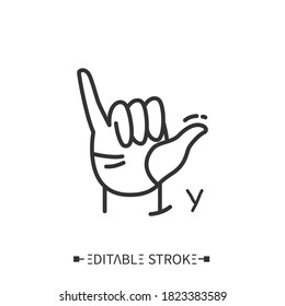  Hand gesture showing Y letter line icon. Fingerspelling American sign language alphabet for deaf-mutes. Shaka, hang loose, hello sign. Emoji. Mudra. Isolated vector illustration. Editable stroke 