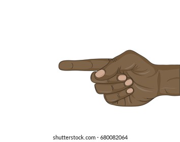 Hand gesture to the side. The index finger shows to the left. Empty place for advertising. Vector illustration on white background.
