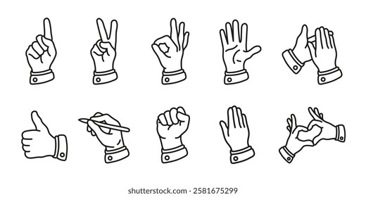 Hand gesture sign icon set. Hands and fingers gestures vector illustration collection. Human finger signals. Index finger, raised up fist, OK or Yes sign, clapping hands, like or thumb up expressions.