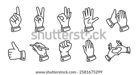 Hand gesture sign icon set. Hands and fingers gestures vector illustration collection. Human finger signals. Index finger, raised up fist, OK or Yes sign, clapping hands, like or thumb up expressions.