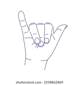 Hand gesture. Sign language. Contour vector illustration. Index, middle, ring, little fingers and thumb