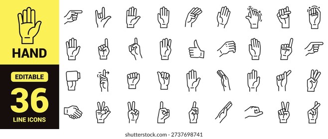 Hand gesture and sign language icon set with expressive finger signs, open palms, fists, directional gestures, communication symbols, and essential sign language ranking elements in line‑art style
