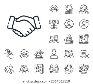 Hand gesture sign. Specialist, doctor and job competition outline icons. Handshake line icon. Business deal palm symbol. Handshake line sign. Avatar placeholder, spy headshot icon. Vector