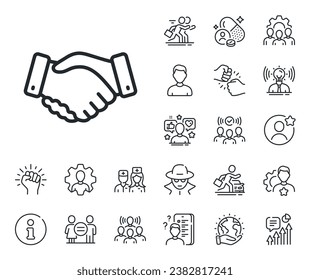Hand gesture sign. Specialist, doctor and job competition outline icons. Employees handshake line icon. Business deal palm symbol. Employees handshake line sign. Vector