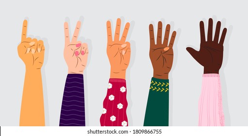 Hand gesture sign vector. Set of counting on fingers. Five wrist icons with finger count in cartoon style. Hands of people of different races. Diverse society illustration.