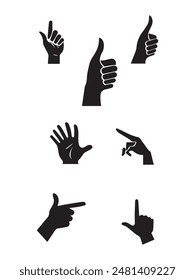 hand gesture silhouette collection, isolated on white. Perfect hand vector for communication, body language, design elements. Includes pointing, thumbs up, grabbing, holding