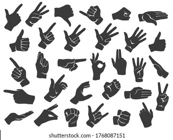 Hand gesture silhouette icons. Man hands gestures, pointing finger and thumbs up like icon stencil vector set. Non verbal communication, body language signs, emotional expressions illustration