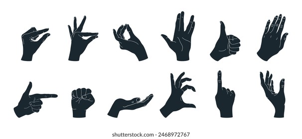 Hand gesture silhouettes set 2. Set of different hand gestures. Thumb up, pointing finger, fist; heart, cupped hand. Vector illustration