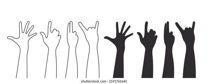Hand gesture silhouettes. Teamwork, collaboration, voting, volunteering concert. Vector illustration