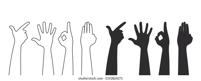 Silhouettes de gesto manual. Manos de trabajo en equipo, colaboración, manos de voto. Ilustración del vector