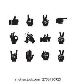 Hand Gesture Silhouettes Thumbs Up Victory Icons Vector Set
