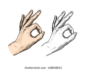Hand gesture sketch. Illustration isolated on white background. Engraving style. Zero sign.