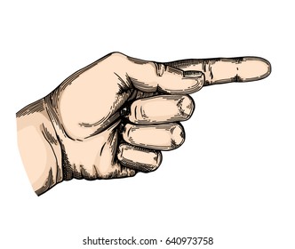 Hand gesture sketch. Illustration isolated on white background. Engraving style. Finger pointing.